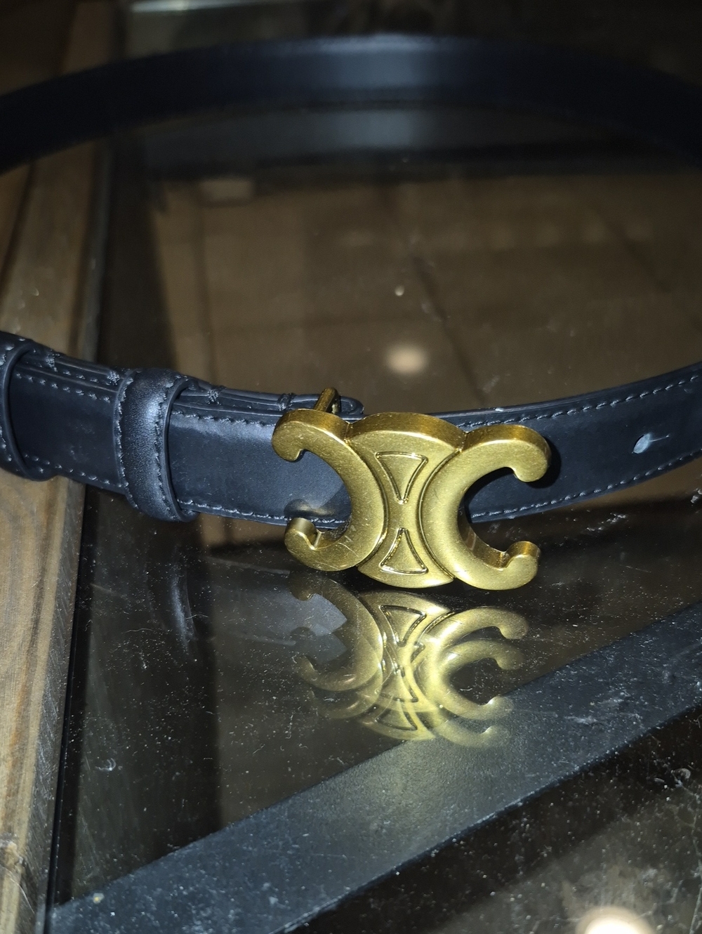 Black Leather Men’s Belt with Gold Statement Buckle